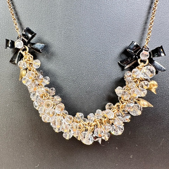 Betsy Johnson clear clustered beads with black bows and gold tone heart choker - Picture 4 of 9